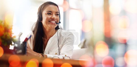Photo for Happy woman, call center and customer service in telemarketing or support on bokeh background at office. Friendly female person, consultant or agent smile in online advice, help or virtual assistance. - Royalty Free Image