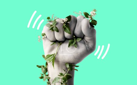 Photo for Fist, climate change and protest for support with leaves, ecology art or sustainability by green background. Hand, plants and power with opinion for accountability, carbon footprint or global warming. - Royalty Free Image