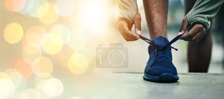 Photo for Fitness, hands and tie shoes on stairs for workout or exercise outdoor in the morning with bokeh and mockup. Training, athlete and runner getting ready for cardio, sports or challenge for wellness. - Royalty Free Image
