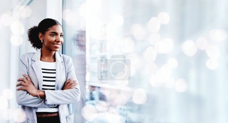 Photo for Black woman, arms crossed and thinking with a smile from business consultant work with mockup space. Ideas, female entrepreneur and professional from New York happy from startup by window bokeh. - Royalty Free Image
