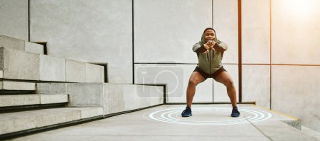 Photo for Fitness, target and flare with a man stretching on stairs in the city for the start of his workout routine. Exercise, warm up and special effects with a young african athlete in an urban town. - Royalty Free Image