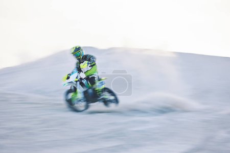 Photo for Blur, fast motorbike and man in desert for sports, action adventure or extreme travel on dirt on mockup space. Off road, sand and driver on motorcycle for speed in nature, competition race or freedom. - Royalty Free Image