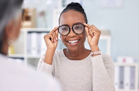 Photo for Eye care, glasses choice and black woman with optometrist at clinic, vision and healthcare with wellness. Prescription lens, frame with help or advice, designer eyewear or spectacles with smile. - Royalty Free Image
