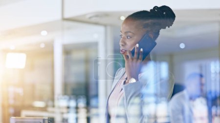 Photo for Business woman, phone call and thinking by window in communication, human resources networking and decision. African worker talking on mobile with reflection, ideas and solution for company employees. - Royalty Free Image