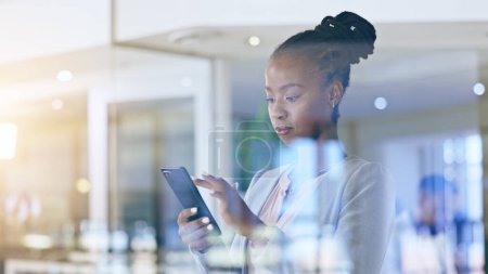 Photo for Business woman, phone and office window for marketing communication, social media and company email in reflection. African worker typing on mobile for professional chat, contact or search information. - Royalty Free Image