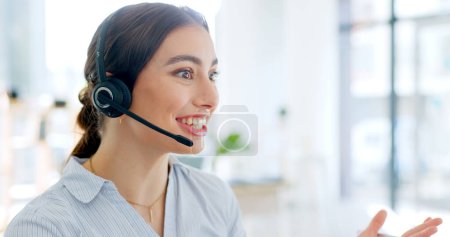 Photo for Callcenter, communication and contact us, happy woman and phone call with telecom or customer service. Conversation, headset and mic with help desk and talking for telemarketing sales and consultant. - Royalty Free Image