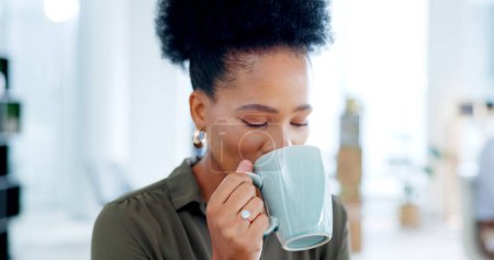 Photo for Black woman, drink and coffee break in office to relax in business, agency and company. Calm, employee and drinking cup of tea or espresso for energy, peace and motivation in professional workplace. - Royalty Free Image