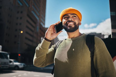Photo for Man thinking, phone call and walking outdoor for college communication, scholarship opportunity and future plan. African student, smile with ideas for mobile conversation or contact in city or travel. - Royalty Free Image