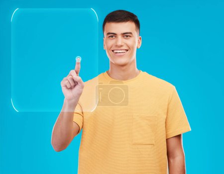 Photo for Man, fingerprint and identity, registration and biometric with technology and hologram on blue background. Security, password and privacy with lock, press on screen and user with safety in studio. - Royalty Free Image