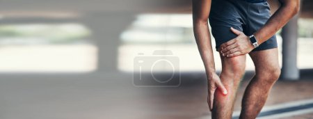 Photo for Fitness, knee pain and hands of man in a city for training with arthritis, muscle or problem. Sports, injury and legs of guy runner outdoor with joint massage for fibromyalgia, osteoporosis or crisis. - Royalty Free Image