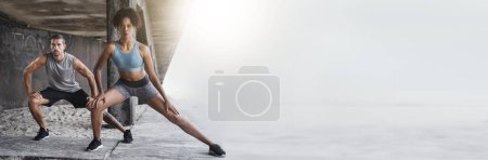 Photo for Legs, stretching and fitness couple outdoor with mockup for training, wellness or cardio routine together. Body, stretch and sweating sport people outside for running, exercise or resilience practice. - Royalty Free Image