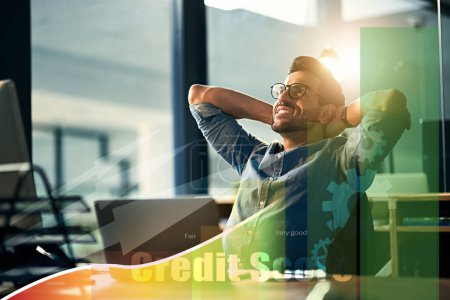 Photo for Business man, relax and financial success, credit score increase and graphs, arrow or statistics overlay in office. Happy trader, investor or worker smile for loan payment data and budget achievement. - Royalty Free Image