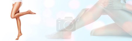 Photo for Beauty, legs and double exposure with a woman in studio on a banner for natural skincare or wellness. Hands, mockup space and a model touching her smooth skin after treatment at the spa or salon. - Royalty Free Image