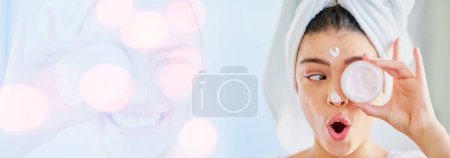 Photo for Woman, cover eye and beauty cream, skincare and wow for results or facial product on white background in double exposure. Model thinking of collagen, skin care and dermatology banner or bokeh overlay. - Royalty Free Image