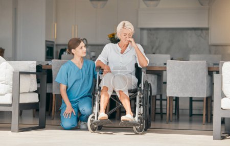 Photo for Wheelchair, assisted living or support with an old woman and caregiver in a nursing home for empathy. Pain, loss or grief with a young nurse and senior patient with a disability together for care. - Royalty Free Image
