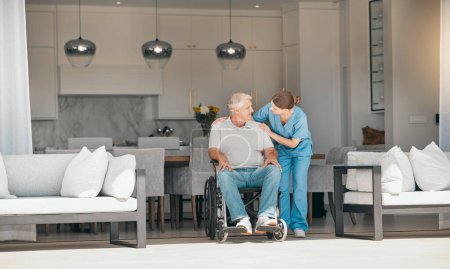 Photo for Woman, doctor and elderly care with wheelchair for support, trust or nursing in retirement or old age home. Female nurse or caregiver talking to senior man or person with a disability in living room. - Royalty Free Image
