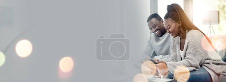 Photo for Bokeh, happy and young couple on sofa in the living room talking, bonding and laughing together. Love, smile and African man and woman in conversation sitting in the lounge of modern home with mockup. - Royalty Free Image