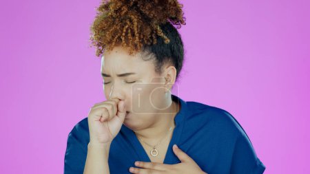 Photo for Woman, cough with chest pain and sick in studio, health crisis and tuberculosis on pink background. Healthcare, heart burn and virus with bacteria, infection and lungs, fail with wellness and flu. - Royalty Free Image