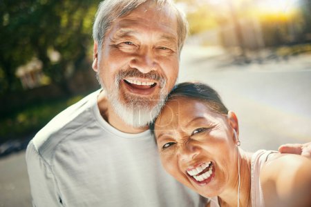 Photo for Selfie, fitness and smile with senior couple in road after a running exercise for race or marathon training. Happy, health and portrait of elderly woman and man athlete after a cardio workout. - Royalty Free Image