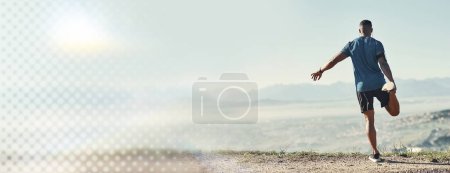 Photo for Man, stretching and exercise outdoor on banner or mountain for fitness workout in nature. Back of of male person, runner or athlete in body stretch, warm up or sports health and wellness with mockup. - Royalty Free Image