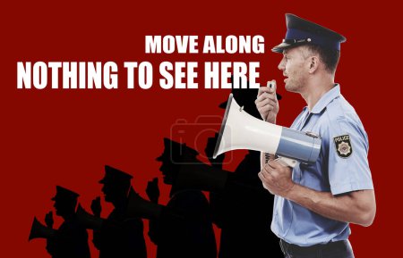 Photo for Man, communication and police officer with megaphone, safety and announcement with red background. Profile, person and bullhorn, crowd control and speech with justice, legal law and illustration. - Royalty Free Image