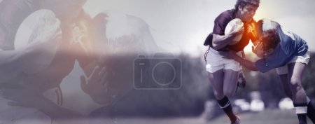 Photo for Rugby injury, banner or sports people running fast on field for game practice or match with pain. Arm accident, fitness mockup space or athlete players in action or training with joint inflammation. - Royalty Free Image