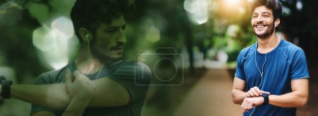 Photo for Fitness, banner or happy man with smart watch in nature to monitor workout, exercise or training performance. Mockup space, music or sports runner checking heart rate, health or progress on timer. - Royalty Free Image