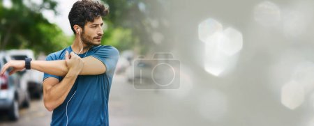 Photo for Fitness, stretching and man in a road with music earphones for training, running or cardio with bokeh. Arm, stretch and male runner in a street for body warm up, workout or exercise with podcast. - Royalty Free Image