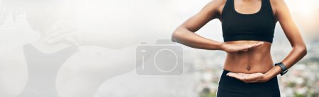 Photo for Woman, fitness and hands on stomach banner for health, workout or exercise for healthy body or mockup. Closeup of female person or athlete showing abdomen for reiki, gut wellness or training. - Royalty Free Image