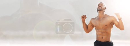 Photo for Fitness, body and celebration with a man on banner mockup for success or victory during a cardio workout. Exercise, space and a shirtless young athlete cheering at the end of his training run. - Royalty Free Image