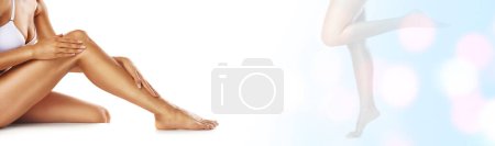 Photo for Legs, epilation and beauty, woman with skincare banner for spa treatment and double exposure on studio background. Bokeh, mockup space and hair removal, grooming and skin with self care and overlay. - Royalty Free Image