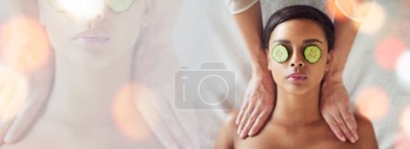 Photo for Woman, massage and spa banner with cucumber skincare, eyes wellness and beauty on double exposure. Person relax from above with natural skin care, muscle healing and facial treatment for peace. - Royalty Free Image