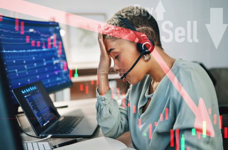 Photo for Fail graphic, headache and a woman at a call center for finance stress or telemarketing burnout. Fatigue, contact us and overlay or a customer service employee with anxiety from online economy stats. - Royalty Free Image