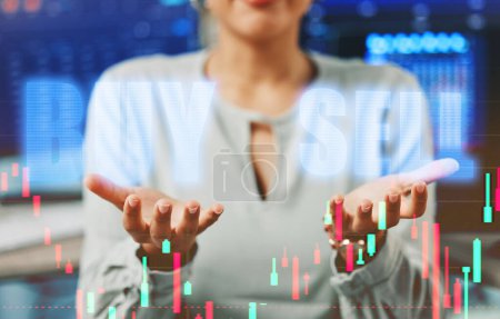 Photo for Woman, hands and hologram with stock market for trading in overlay for money, risk or investment. Person, gesture and digital for online, profit or payment with lines, chart and growth in finance. - Royalty Free Image