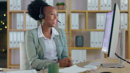 Photo for Smile, telemarketing and a black woman at a call center for customer service and consulting. Happy, contact us and an African employee speaking online for support, conversation or advice on a pc. - Royalty Free Image