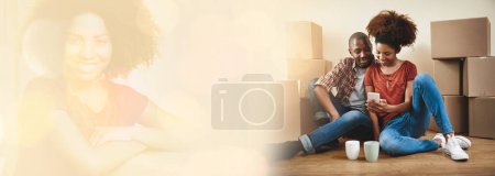 Photo for Couple, moving and happy on phone in home, browse and online search for furniture on floor. Diversity people, banner and overlay on boxes, real estate and investment in mortgage in double exposure. - Royalty Free Image