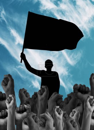 Photo for Hands, fist and freedom, human rights activism and flag with silhouette of person, graphic or illustration for equality. Political movement, feminism or empowerment with rally, protest and solidarity. - Royalty Free Image