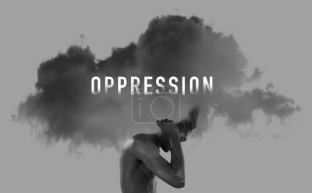 Photo for Oppression, cloud and black man with heavy burden, carrying weight or struggle of abuse on a gray background. Challenge, pressure and person fighting for human rights, equality and freedom on overlay. - Royalty Free Image