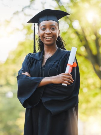 Photo for Graduate, diploma and portrait of black woman outdoor with arms crossed to celebrate success, education and college scholarship. Happy student, university graduation or achievement of certified award. - Royalty Free Image