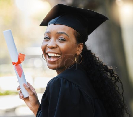 Photo for Graduation, diploma and portrait of happy black woman celebrate success, education and college scholarship outdoor. University graduate smile with certificate, award and certified student achievement. - Royalty Free Image