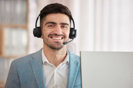 Photo for Portrait, businessman and smile in happiness with headset for job, customer support or telecom in office. Caucasian, person and employee with joy on face for work in call centre sales or help desk. - Royalty Free Image