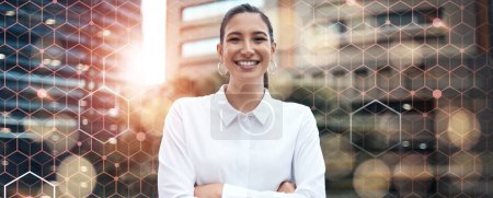 Photo for Portrait, business and woman on city with overlay, hexagon grid and corporate connectivity. Urban, buildings and happy with face of businesswoman with arms crossed, opportunity and digital network. - Royalty Free Image