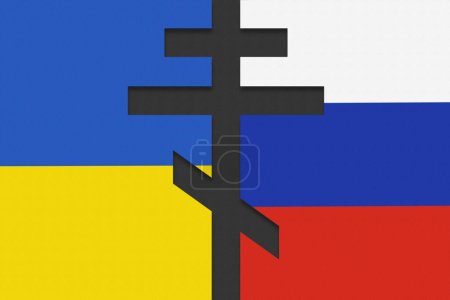 Photo for War, Ukraine and Russia with conflict, flag and peace with Russian orthodox cross overlay. Abstract, freedom and country in support for hope of assistance with crisis, power or politics for future. - Royalty Free Image