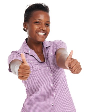 Photo for Woman, thumbs up and portrait smile in studio for advertising product or thank you marketing, happiness or review. African female, portrait or emoji yes hand agreement for branding, winner or vote ok. - Royalty Free Image