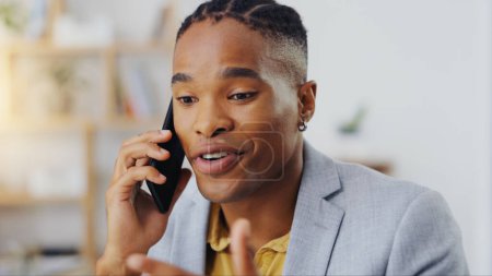 Photo for Phone call, business communication and black man talking, discussion or on b2b conversation with investment contact. Chat, office consulting and male consultant networking for startup company funding. - Royalty Free Image