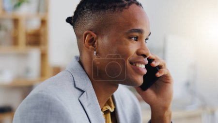 Photo for Phone call conversation, office communication and black man speaking, discussion or on b2b negotiation with mobile contact. Chat, talking and male entrepreneur networking for startup business funding. - Royalty Free Image
