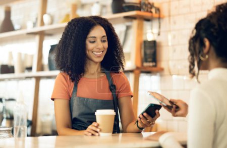 Photo for Happy woman, pos and phone payment at cafe for customer transaction, tap or scan at checkout. Female person, barista or small business owner smile for electronic purchase, coffee or service at store. - Royalty Free Image
