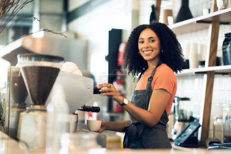Photo for Happy woman, cafe and portrait of barista in small business, cappuccino or latte at coffee shop. Female person or waitress smile in retail service making tea, drink or beverage at store or restaurant. - Royalty Free Image