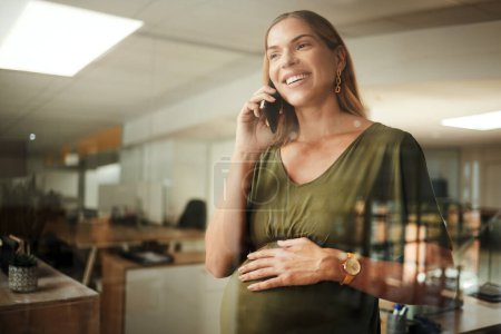 Photo for Happy phone call, communication and professional pregnant woman consulting, planning or discussion on development plan. Glass window, happiness and maternity worker speaking with pregnancy contact. - Royalty Free Image
