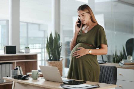 Photo for Smartphone call, talking and professional pregnant woman, admin or receptionist consulting on baby development. Business secretary, pregnancy and maternity employee speaking with cellphone contact. - Royalty Free Image